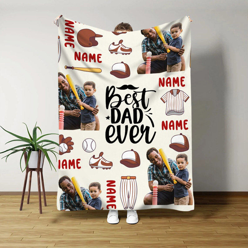 Custom Name And Picture Blanket with Baseball Pattern Funny Present for Father