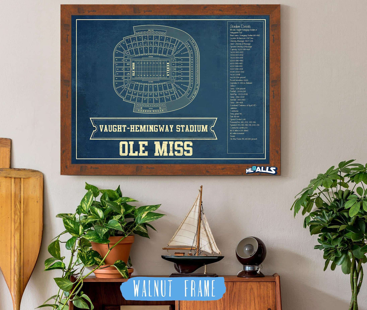 Ole Miss Rebels Stadium Art - Vaught-Hemingway Vintage Stadium & Blueprint Art Print