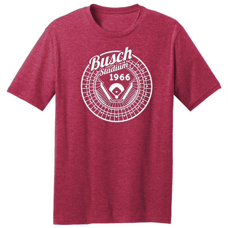 Busch Stadium "Blueprint" 1966 Baseball Premium Tri-Blend Tee Shirt - Past Home of Your St. Louis Cardinals - Red Heather