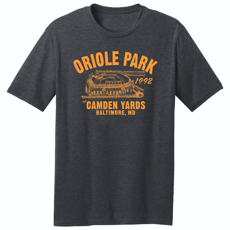 Oriole Park at Camden Yards 1992 Baseball Premium Tri-Blend Tee Shirt - Past Home of Your Baltimore Orioles - Black Heather