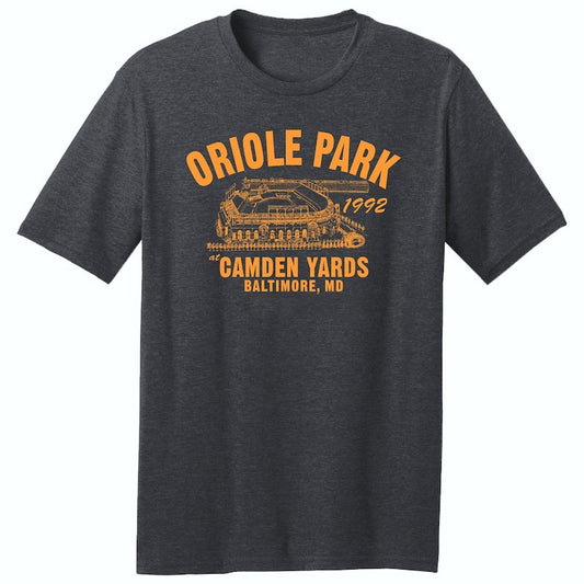Oriole Park at Camden Yards 1992 Baseball Premium Tri-Blend Tee Shirt - Past Home of Your Baltimore Orioles - Black Heather