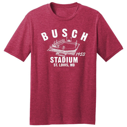 Busch Stadium 1953 Baseball Classic Cut, Premium Tri-Blend Tee Shirt - Past Home of Your St. Louis Cardinals - Red Heather