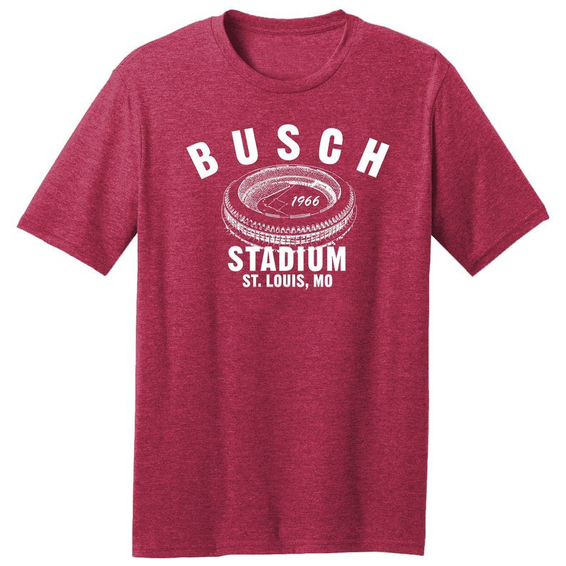 Busch Stadium 1966 Baseball Classic Cut, Premium Tri-Blend Tee Shirt - Past Home of Your St. Louis Cardinals - Red Heather
