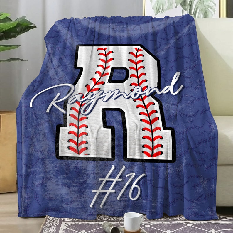 Personalized Baseball Blanket, Custom Name Number Throw Blankets, Gift for Son