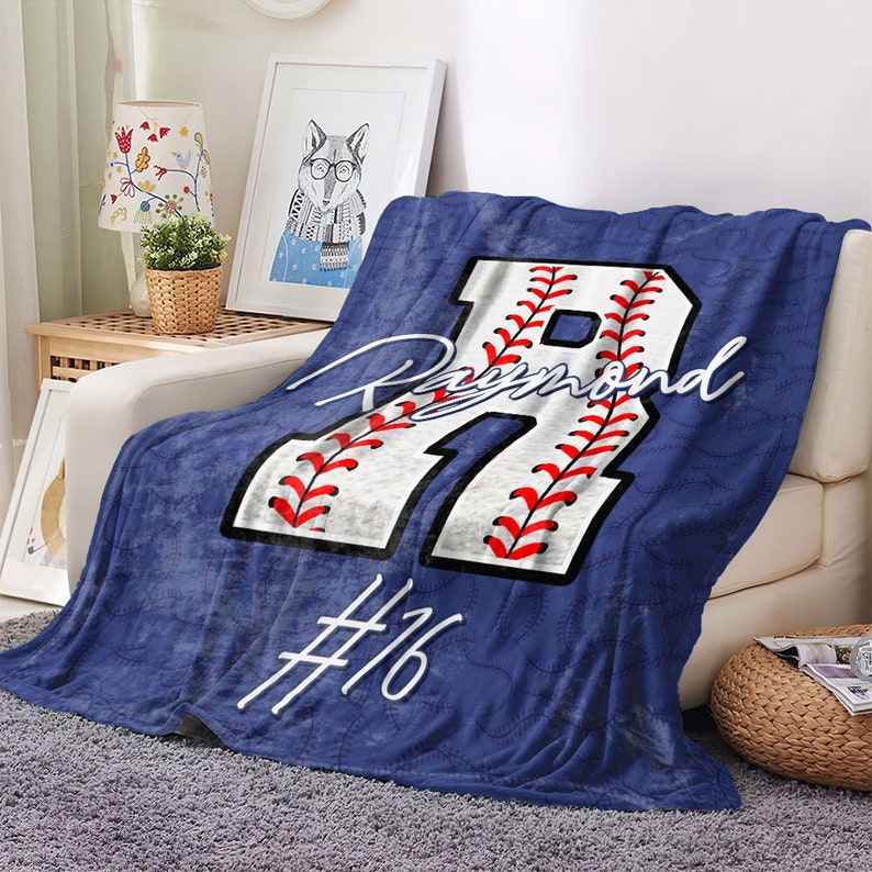 Personalized Baseball Blanket, Custom Name Number Throw Blankets, Gift for Son