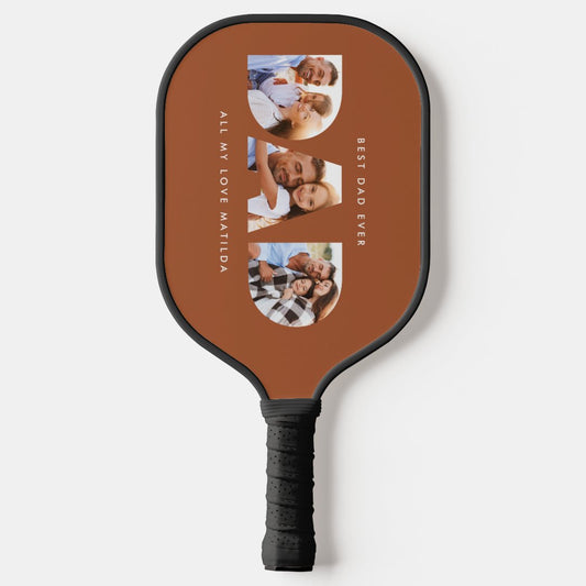 Dad Multi Photo Modern Typography Terracotta Pickleball Paddle