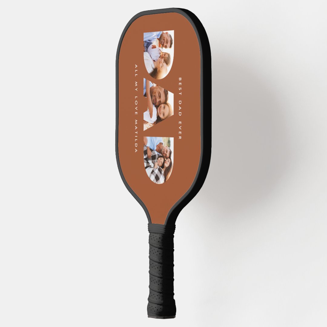 Dad Multi Photo Modern Typography Terracotta Pickleball Paddle