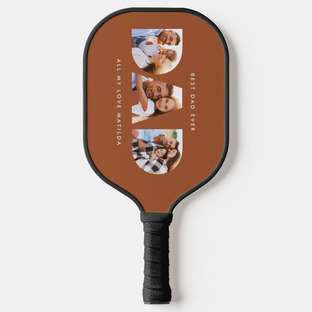Dad Multi Photo Modern Typography Terracotta Pickleball Paddle