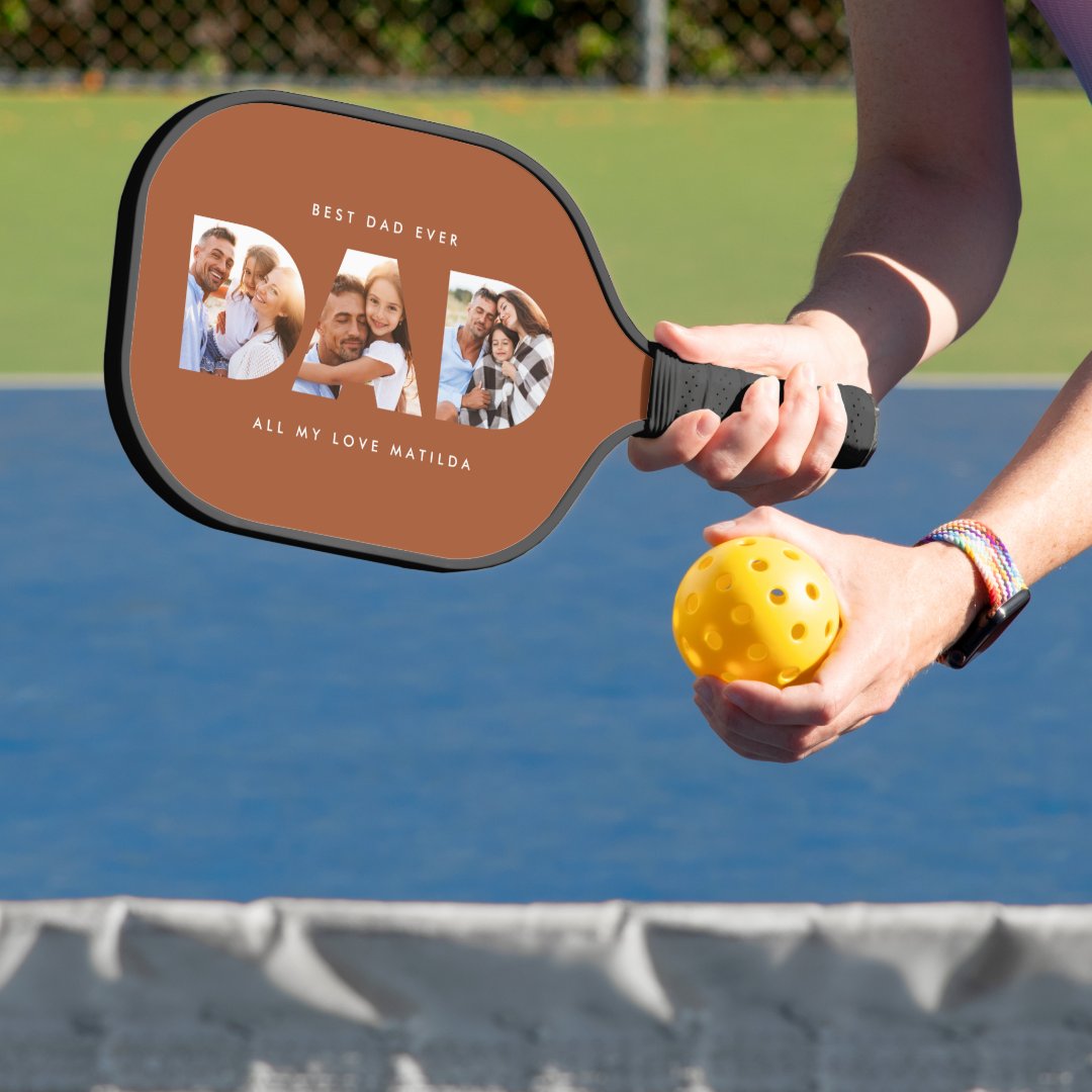 Dad Multi Photo Modern Typography Terracotta Pickleball Paddle
