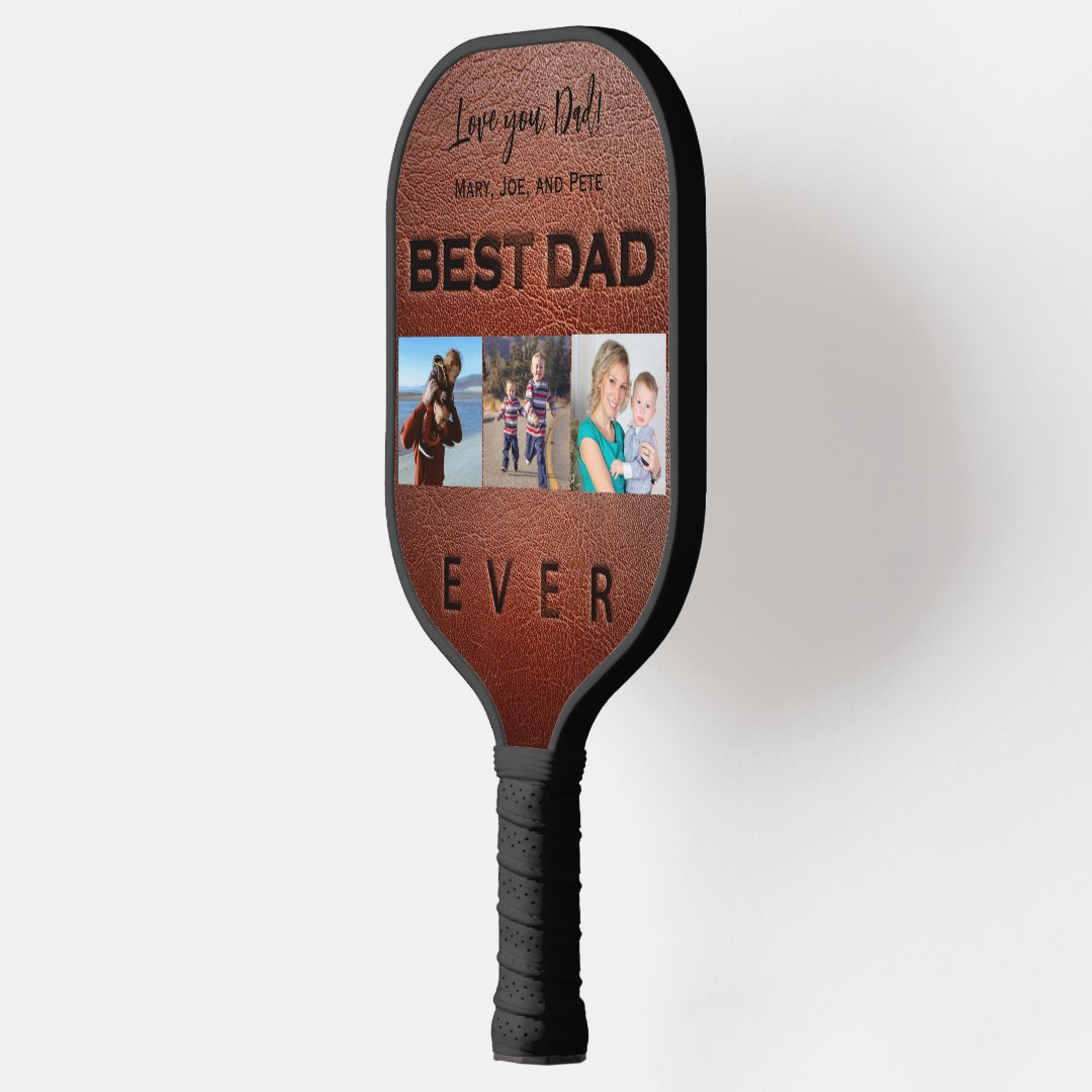 Best Dad Ever 3 Photo Collage Typography Pickleball Paddle