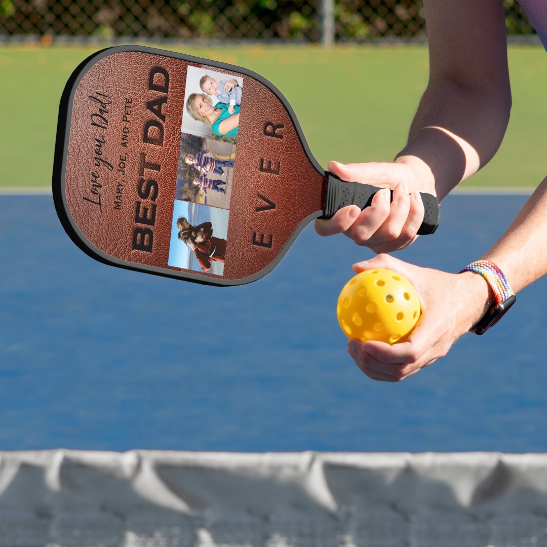 Best Dad Ever 3 Photo Collage Typography Pickleball Paddle