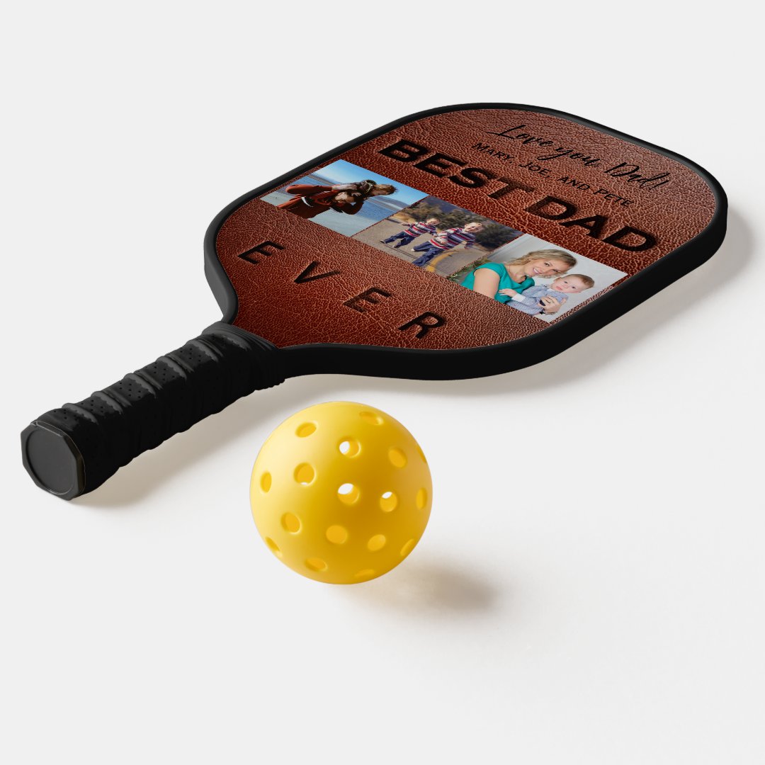 Best Dad Ever 3 Photo Collage Typography Pickleball Paddle