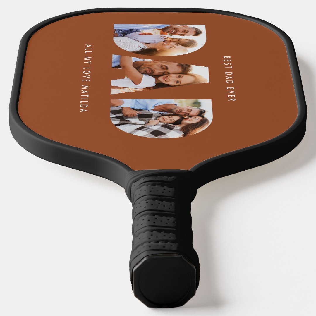 Dad Multi Photo Modern Typography Terracotta Pickleball Paddle