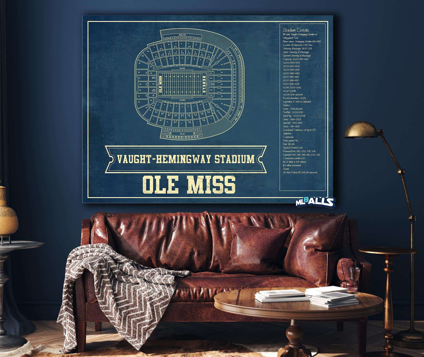 Ole Miss Rebels Stadium Art - Vaught-Hemingway Vintage Stadium & Blueprint Art Print