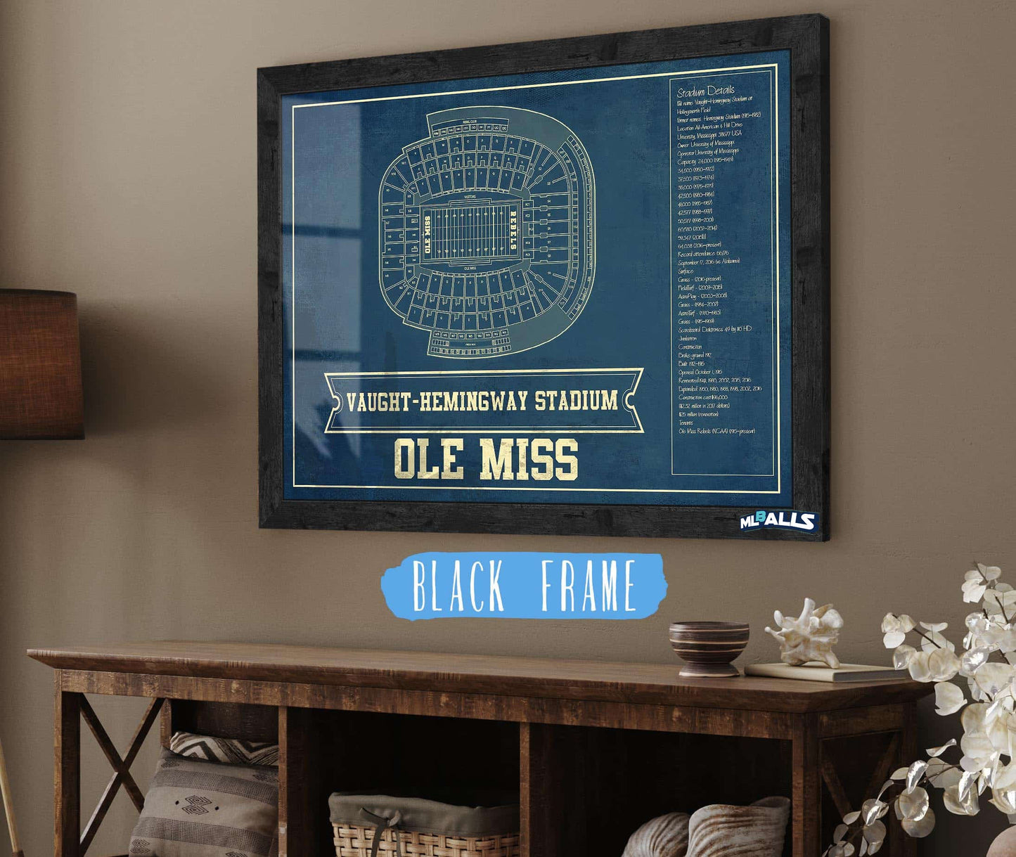 Ole Miss Rebels Stadium Art - Vaught-Hemingway Vintage Stadium & Blueprint Art Print