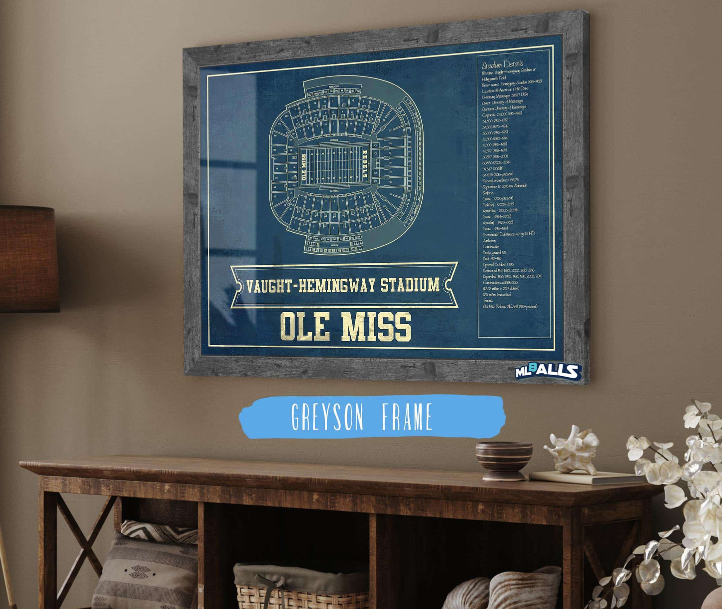 Ole Miss Rebels Stadium Art - Vaught-Hemingway Vintage Stadium & Blueprint Art Print