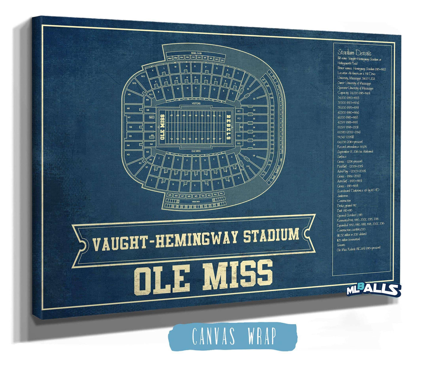 Ole Miss Rebels Stadium Art - Vaught-Hemingway Vintage Stadium & Blueprint Art Print