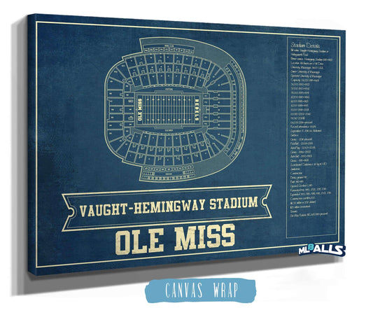 Ole Miss Rebels Stadium Art - Vaught-Hemingway Vintage Stadium & Blueprint Art Print