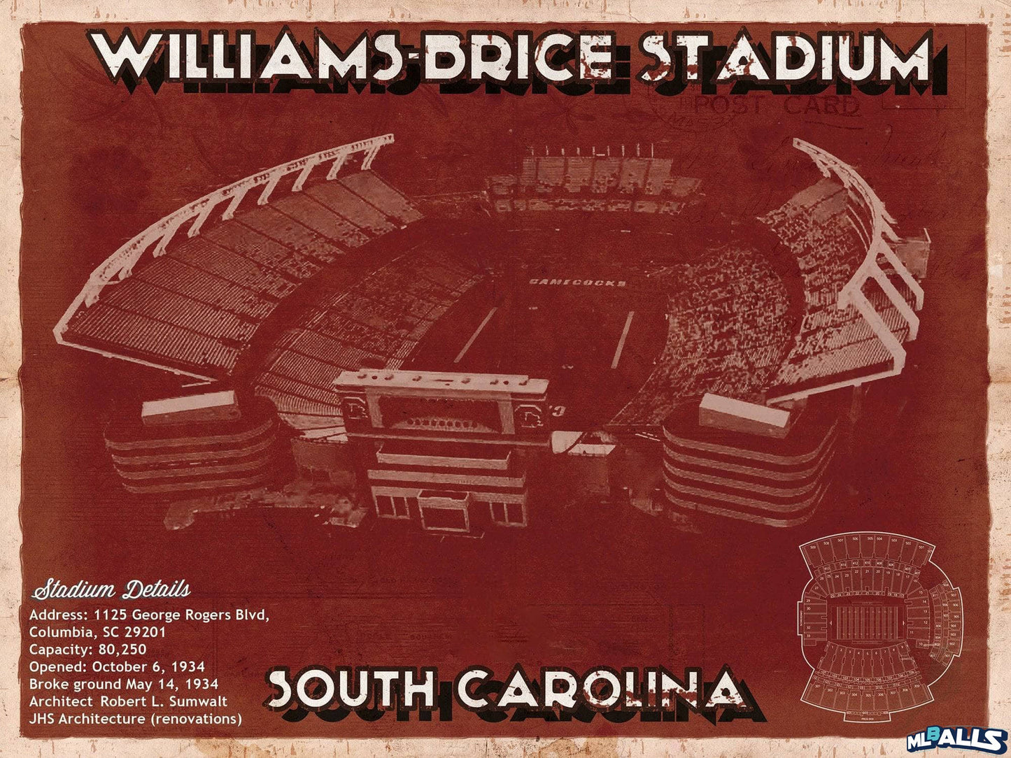 Williams-Brice Stadium Art - South Carolina Gamecocks Vintage Blueprint Art Chart