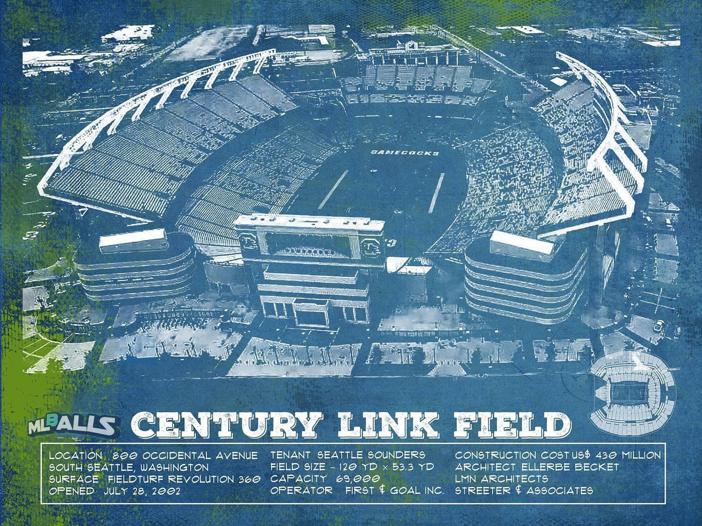 Williams-Brice Stadium Art - South Carolina Gamecocks - Vintage Blueprint Art Chart
