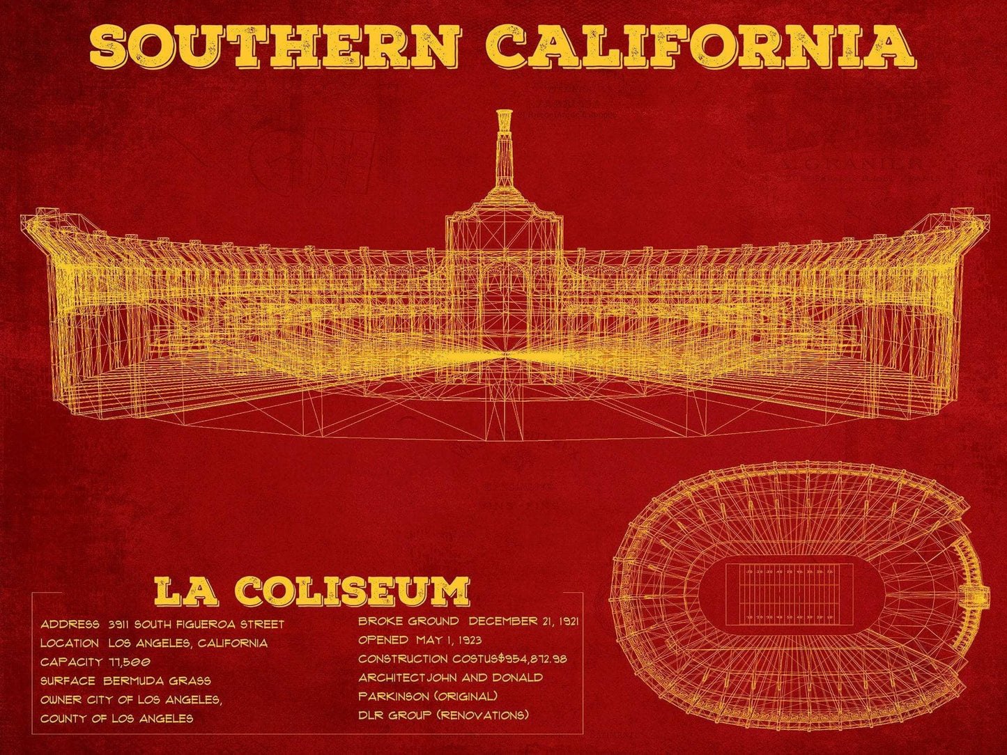 Vintage USC Trojans - LA Coliseum Blueprint Art Print