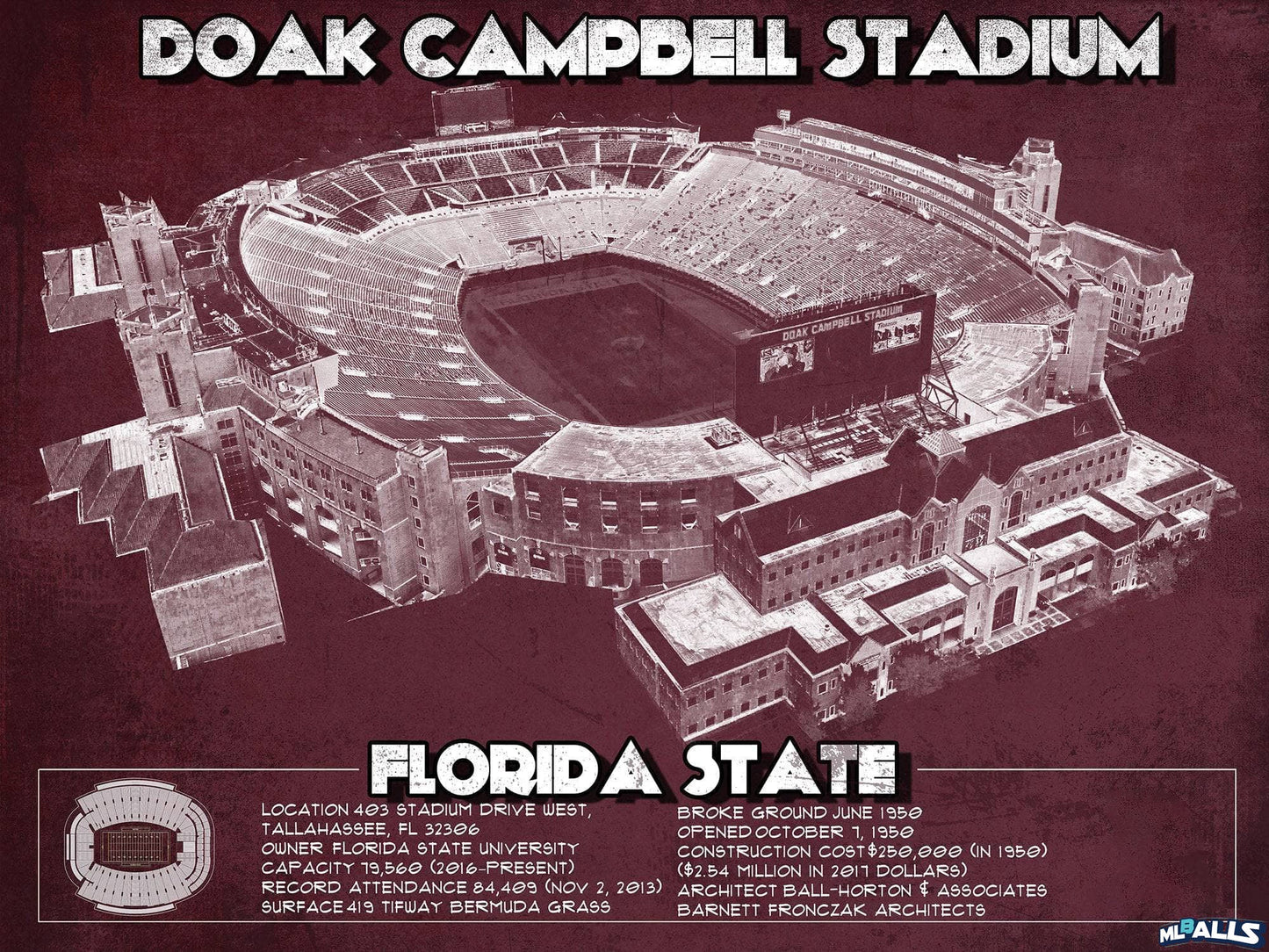 Florida State Seminoles - Doak Campbell Stadium Vintage FSU College Football Art Print