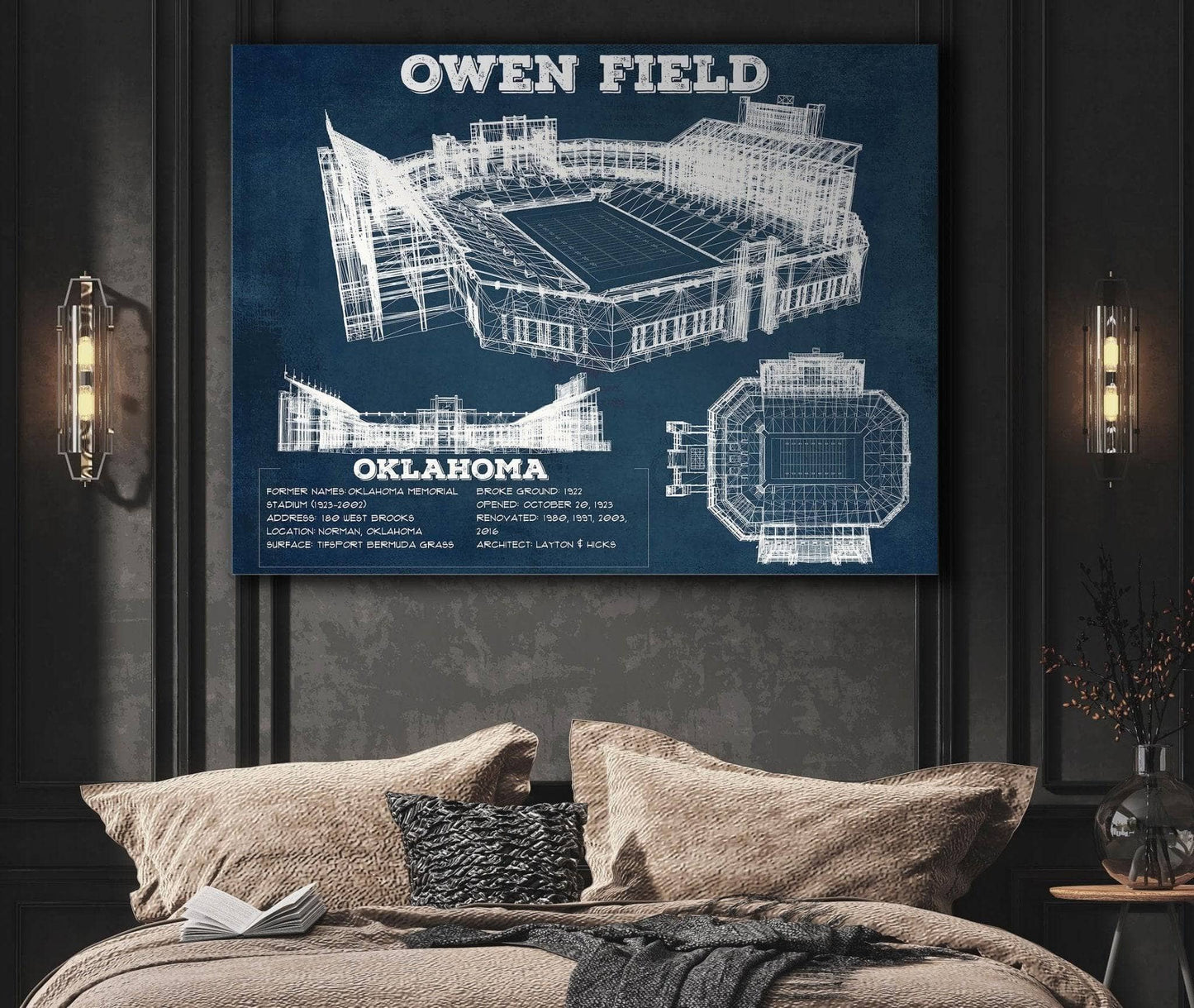 Oklahoma Sooners Football - Gaylord Family Oklahoma Memorial Vintage Stadium Blueprint Art Print
