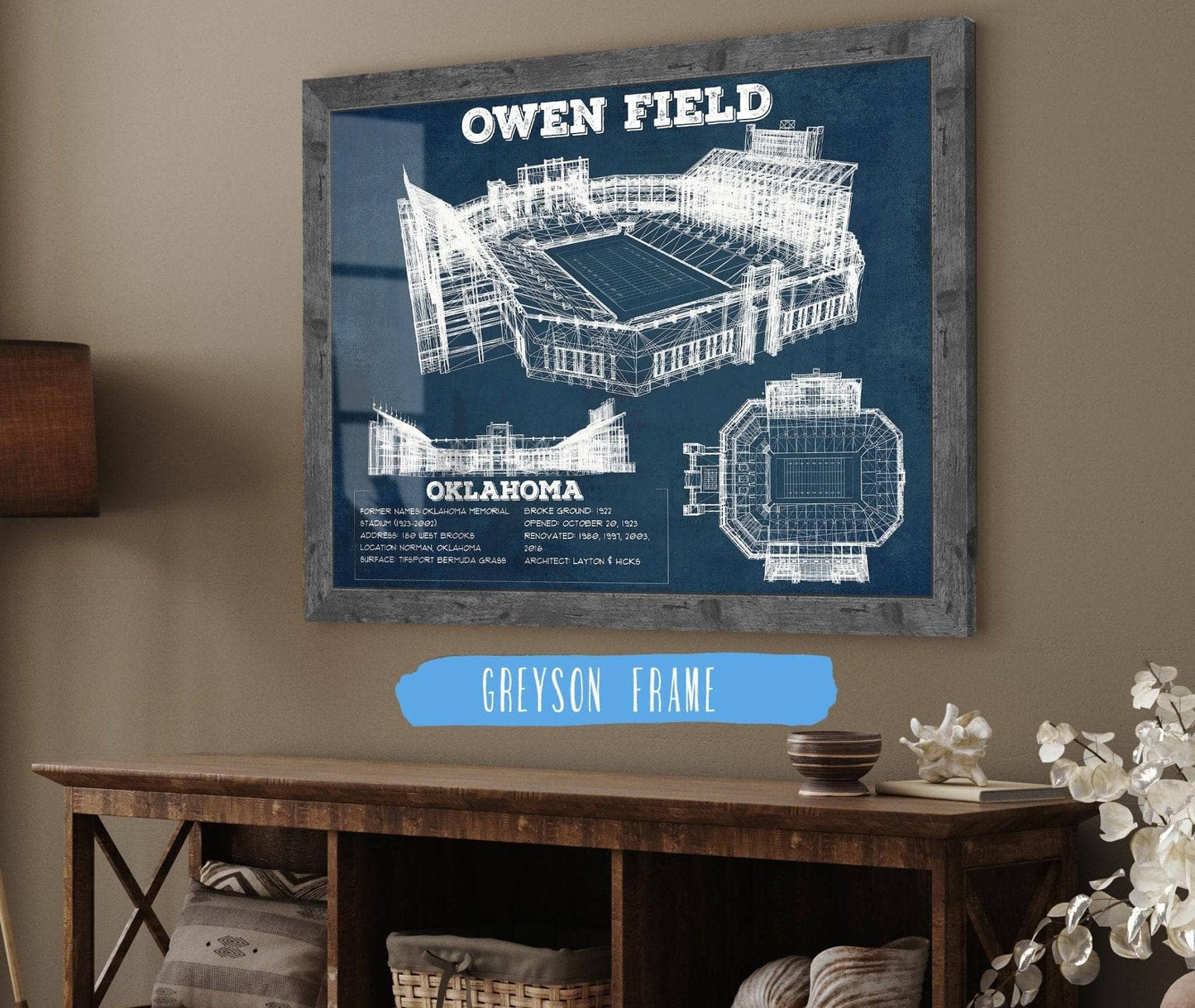 Oklahoma Sooners Football - Gaylord Family Oklahoma Memorial Vintage Stadium Blueprint Art Print