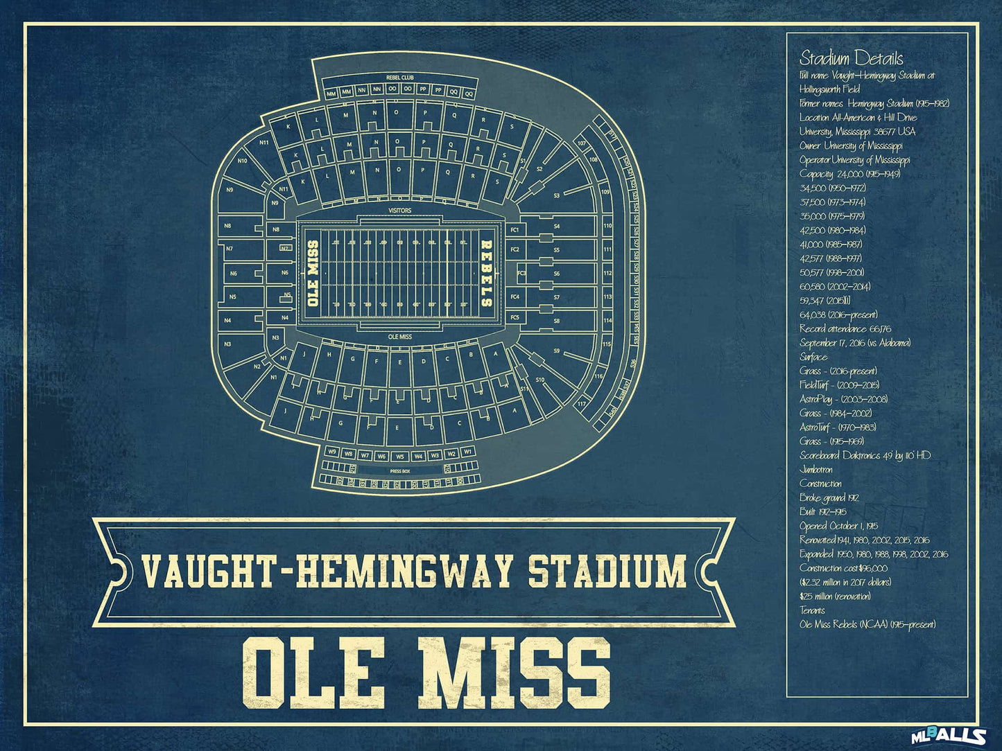 Ole Miss Rebels Stadium Art - Vaught-Hemingway Vintage Stadium & Blueprint Art Print