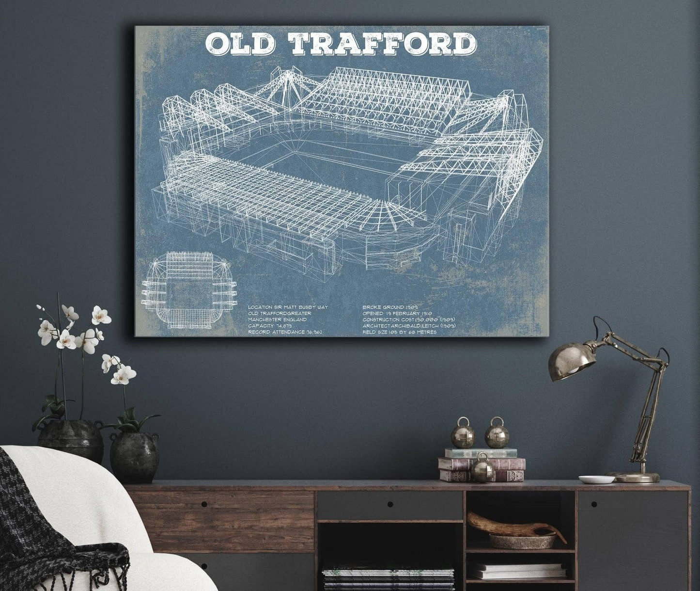 Manchester United F.C. - Old Trafford Stadium Blueprint Vintage Soccer Print