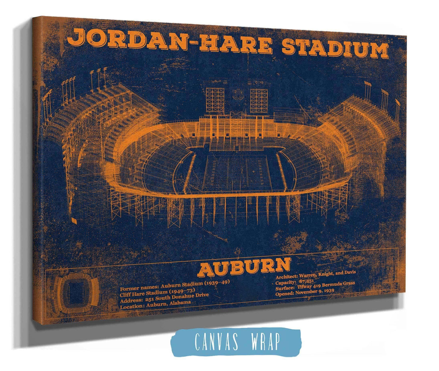 Auburn Tigers Jordan Hare Vintage Stadium Blueprint