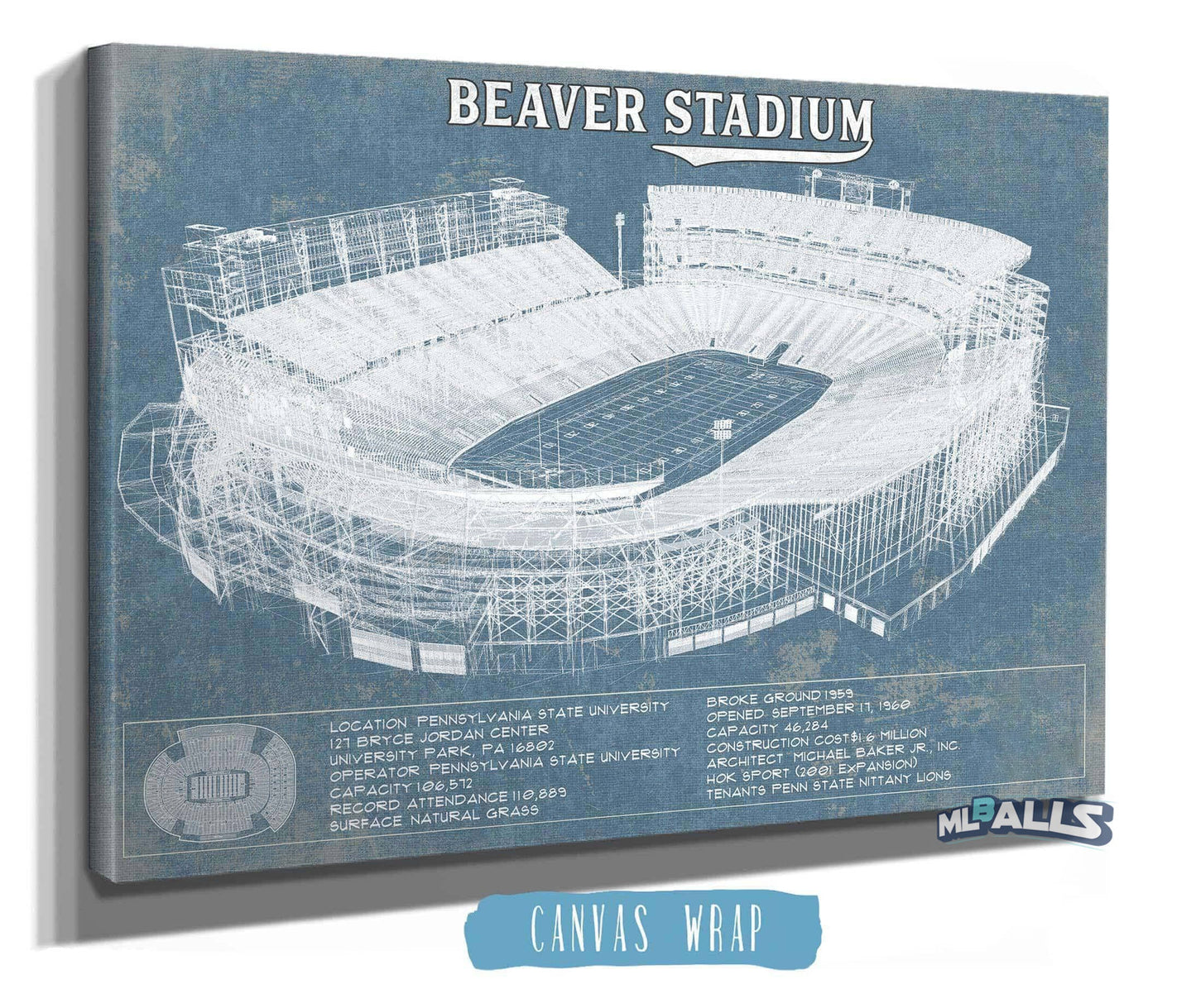 Penn State Nittany Lions - Beaver Stadium Vintage Blueprint Wall Art