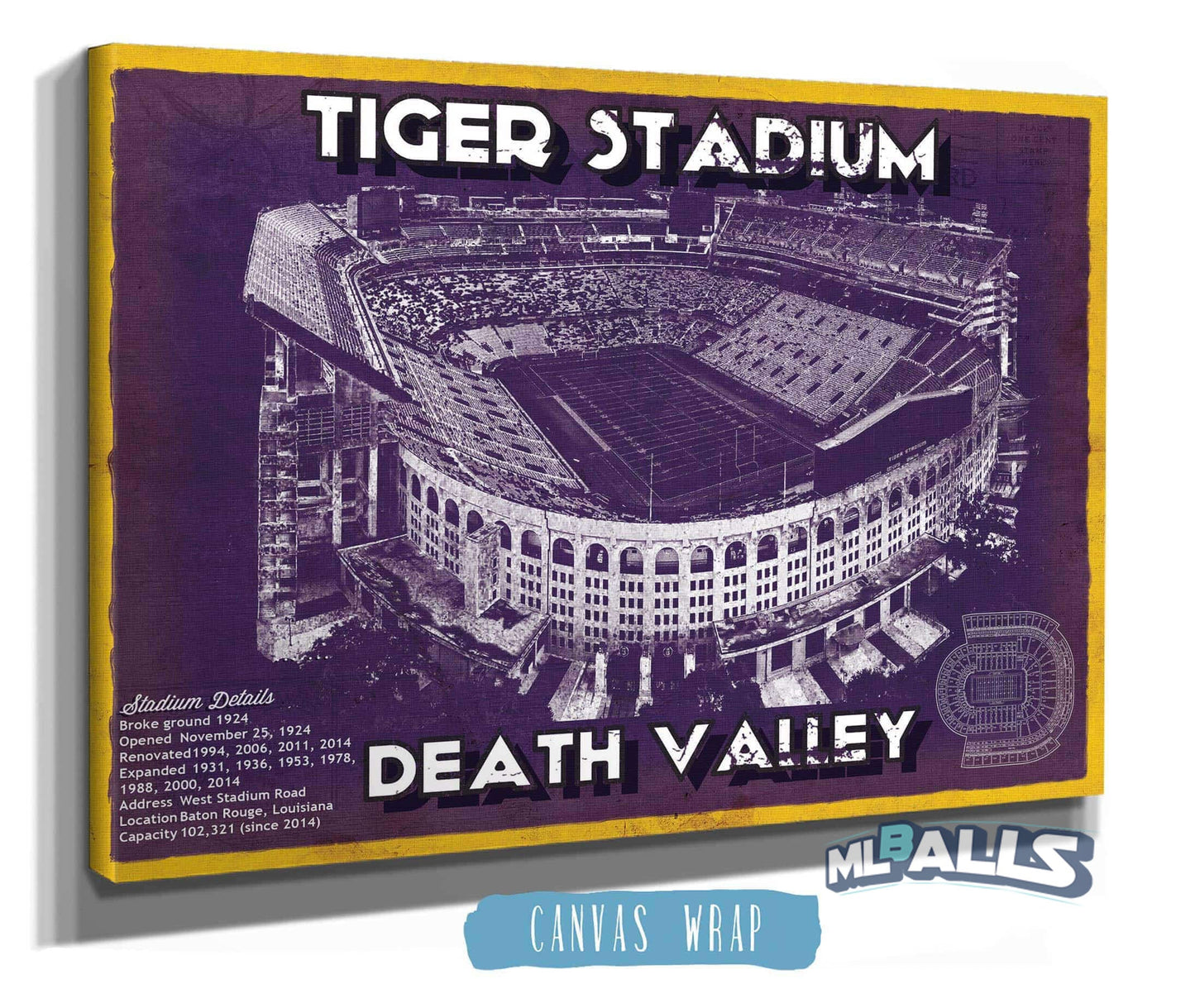 Tiger Stadium Art - LSU Tigers Vintage Stadium - Blueprint Art Print
