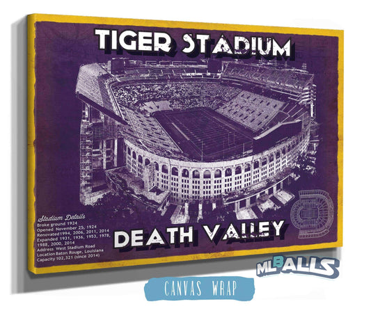 Tiger Stadium Art - LSU Tigers Vintage Stadium - Blueprint Art Print