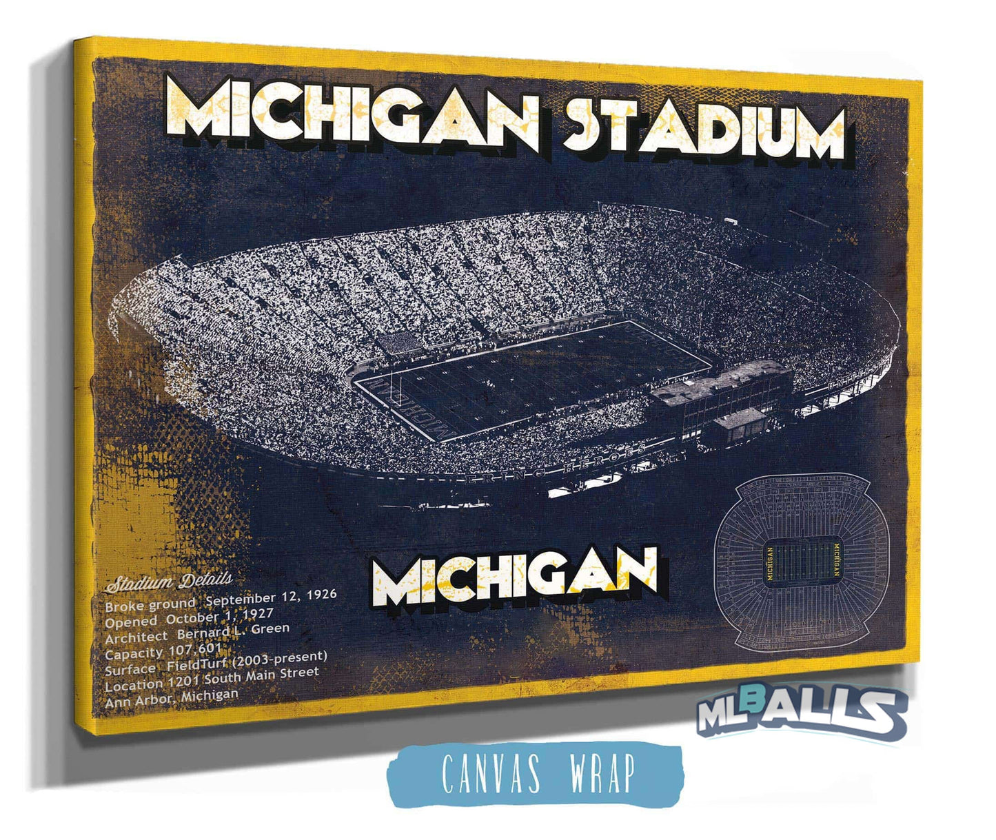Michigan Wolverines Art - Michigan Stadium Vintage Stadium Blueprint Art Print