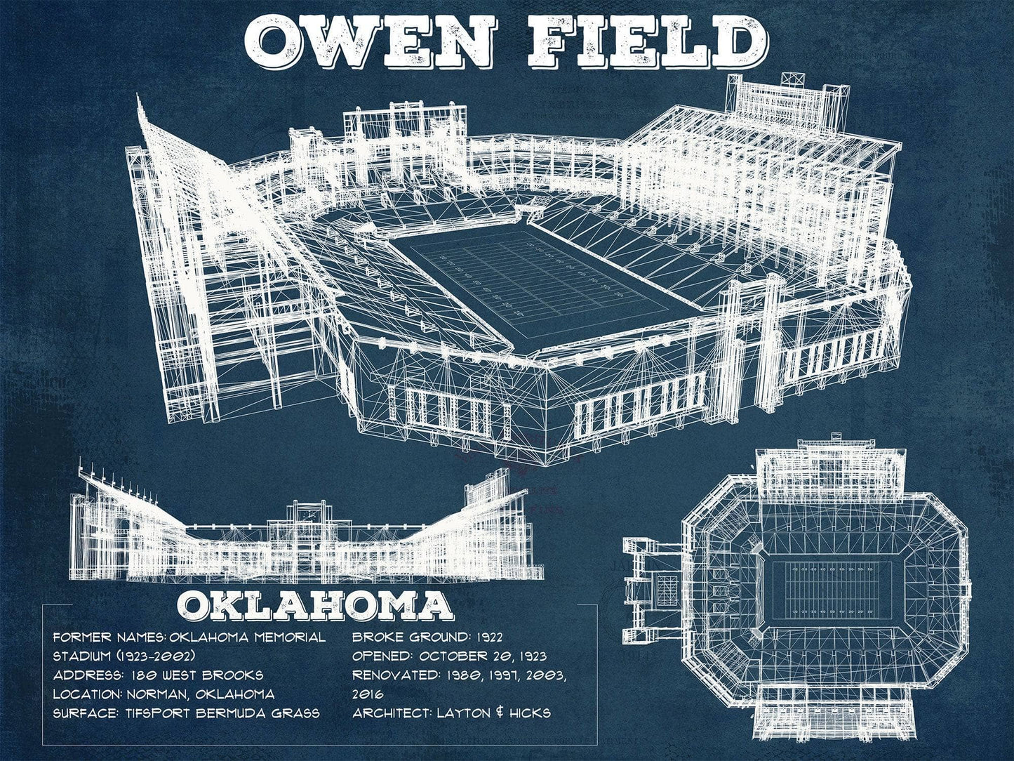 Oklahoma Sooners Football - Gaylord Family Oklahoma Memorial Vintage Stadium Blueprint Art Print