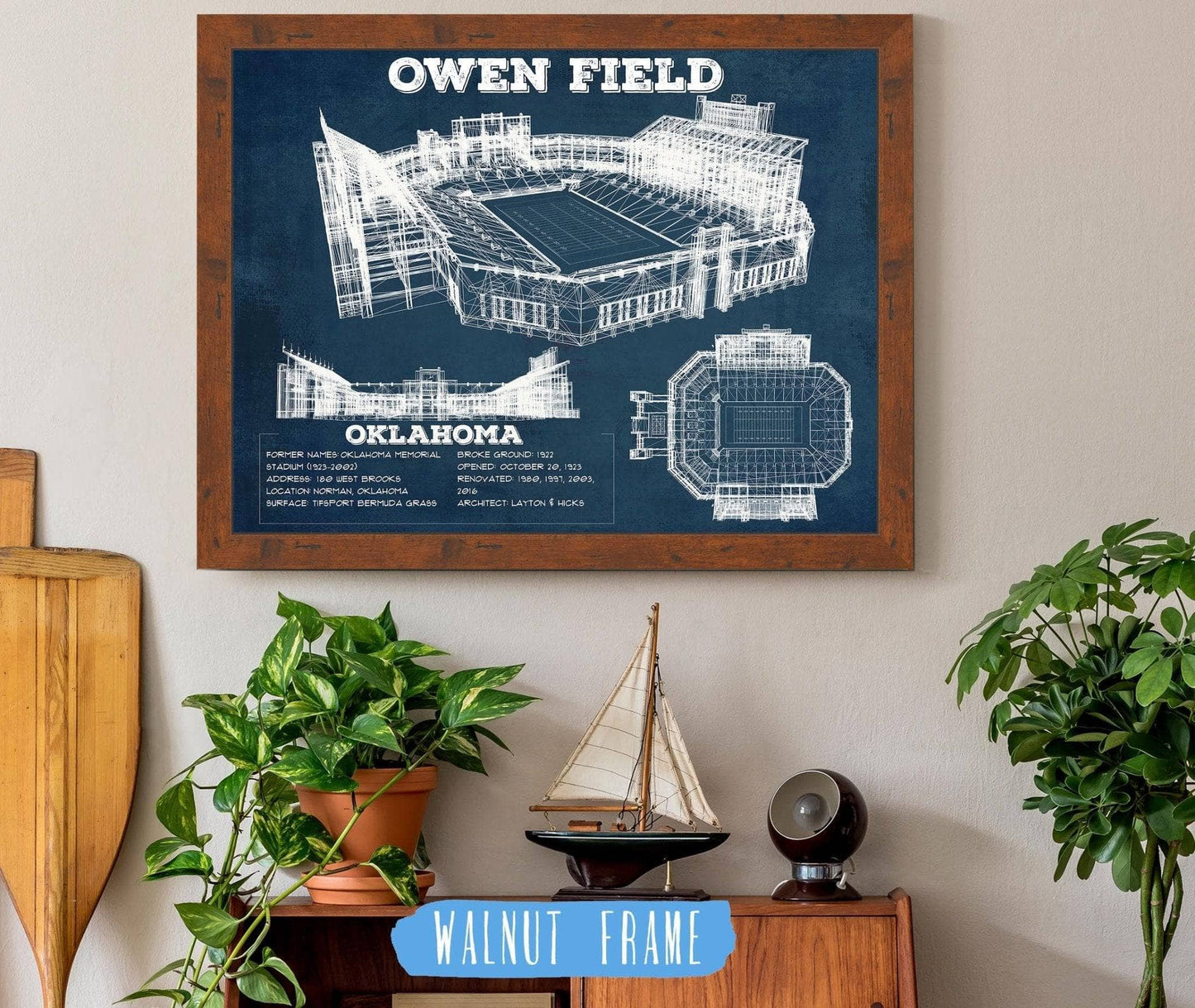 Oklahoma Sooners Football - Gaylord Family Oklahoma Memorial Vintage Stadium Blueprint Art Print