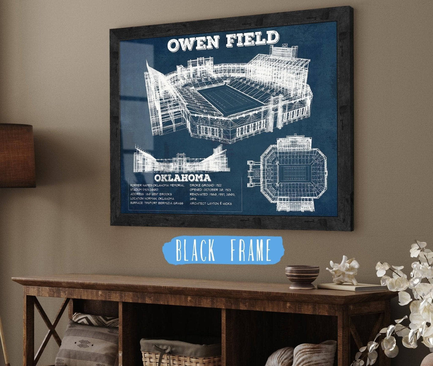 Oklahoma Sooners Football - Gaylord Family Oklahoma Memorial Vintage Stadium Blueprint Art Print