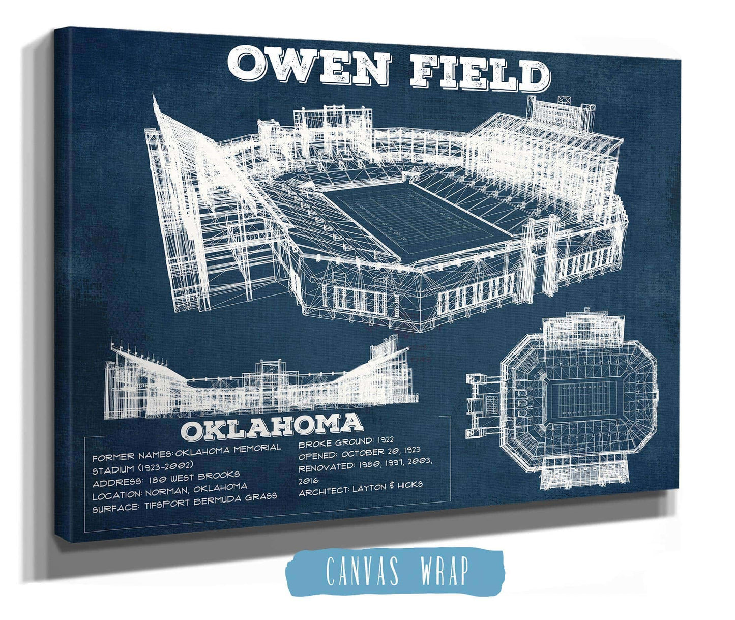 Oklahoma Sooners Football - Gaylord Family Oklahoma Memorial Vintage Stadium Blueprint Art Print