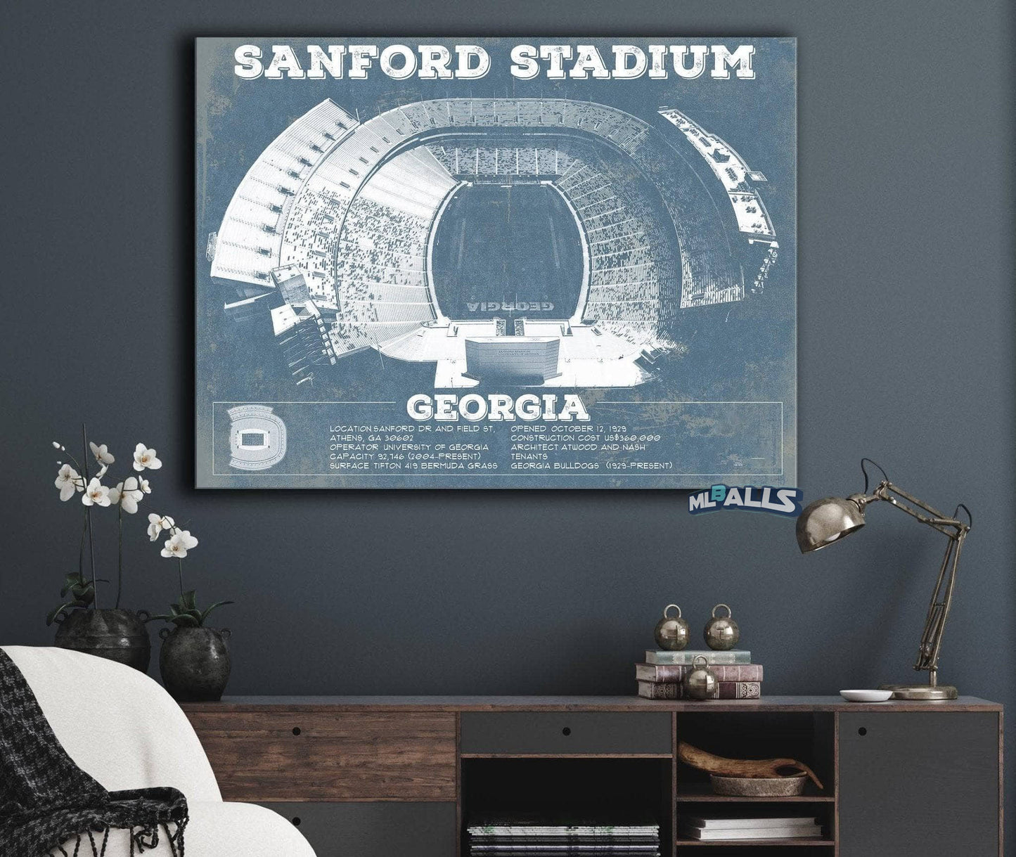 Georgia Bulldogs Football - Sanford Stadium Vintage Football Blueprint Art Print