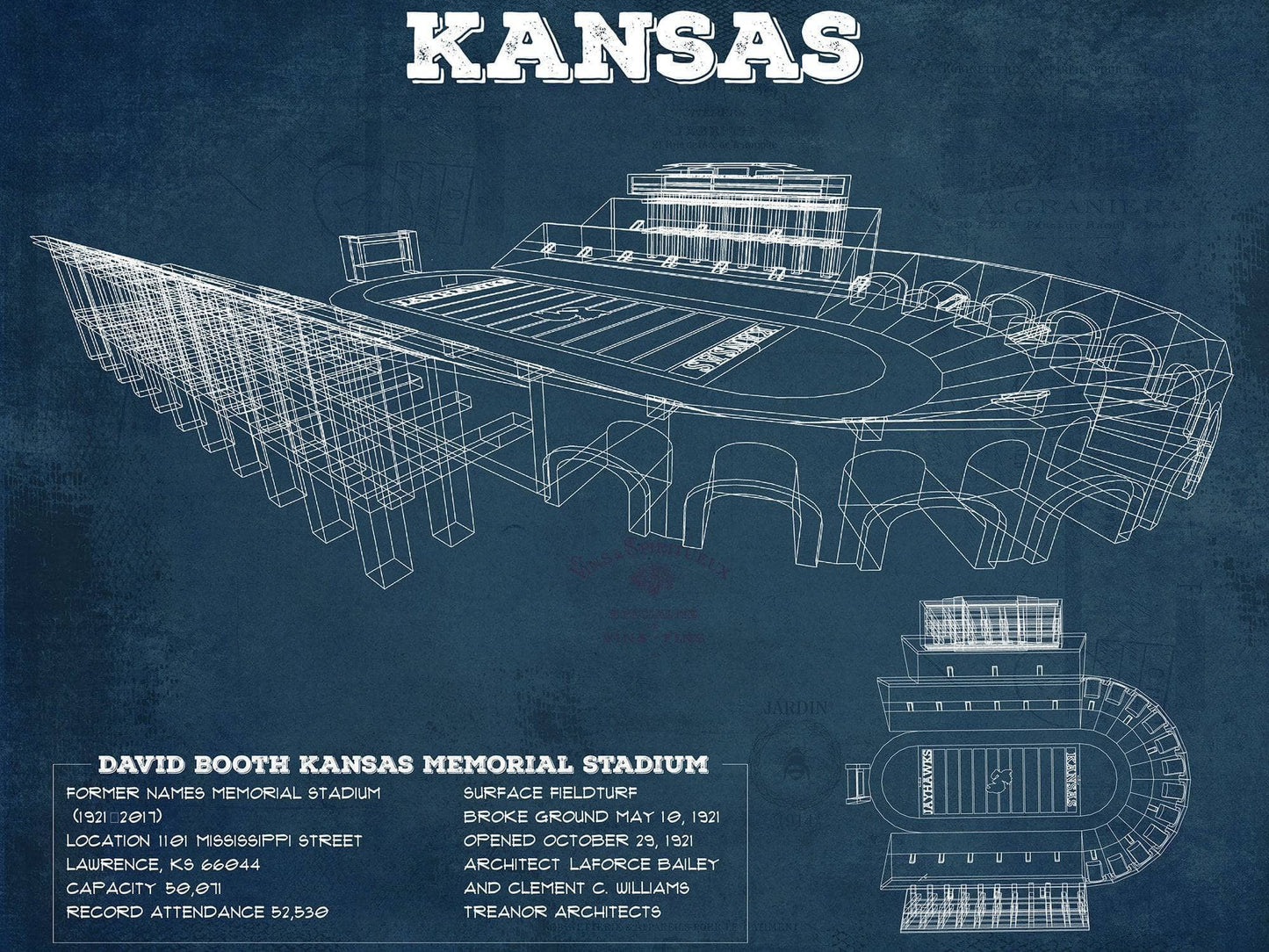 Vintage Kansas Jayhawks Art - Kansas Memorial Stadium Blueprint Football Print