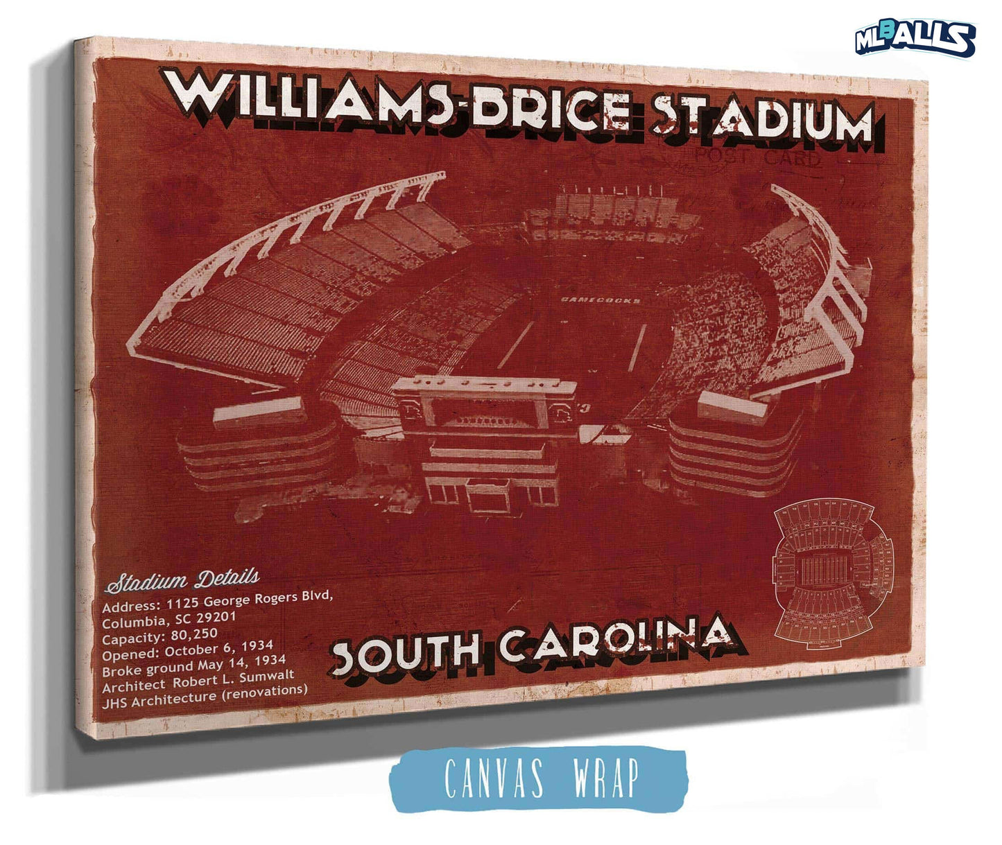 Williams-Brice Stadium Art - South Carolina Gamecocks Vintage Blueprint Art Chart